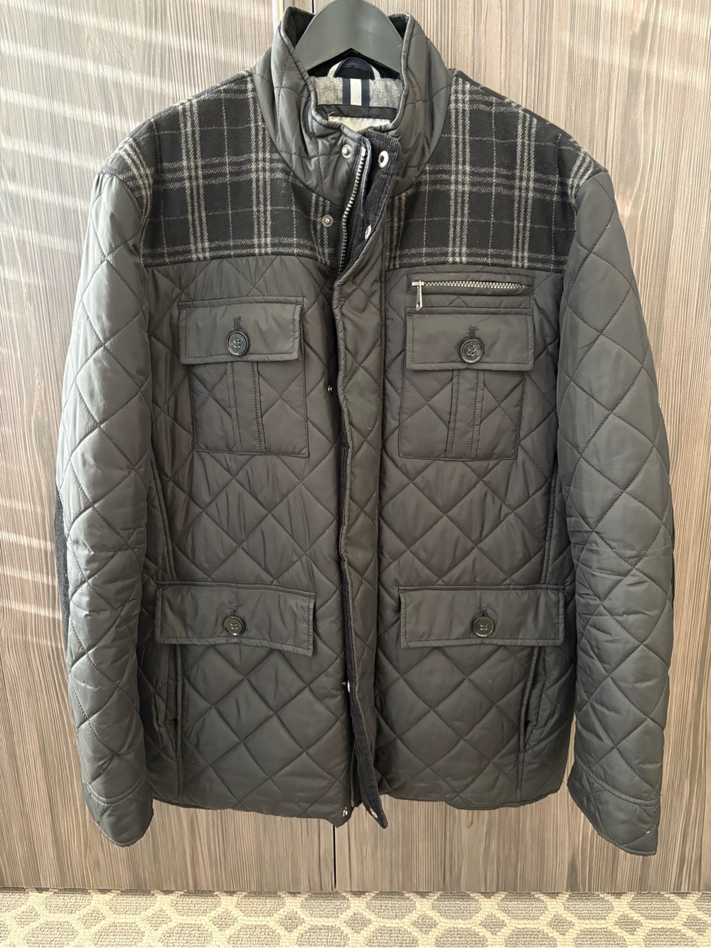 Cole Haan Men's Quilted Jacket with Plaid Yoke - Gray